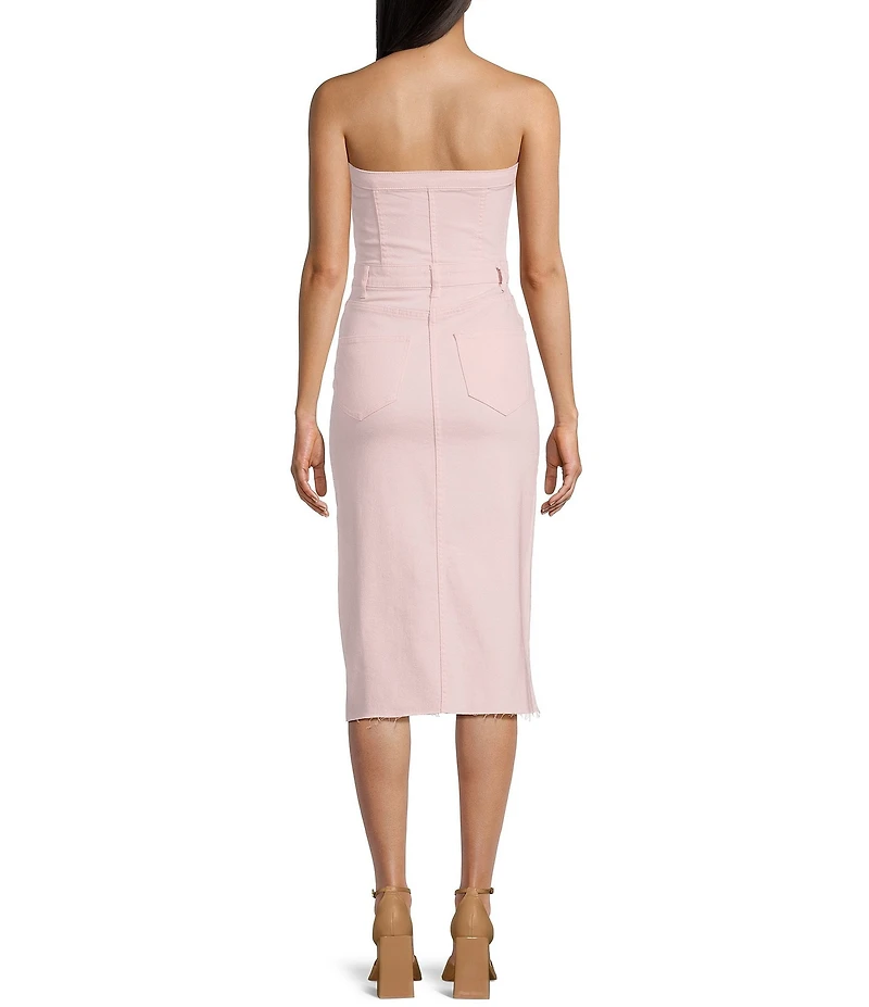 GB Strapless Denim Raw Hem Midi Dress