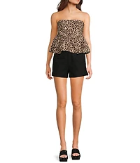 GB Strapless Leopard Pullover Bubble Hem Peplum Top