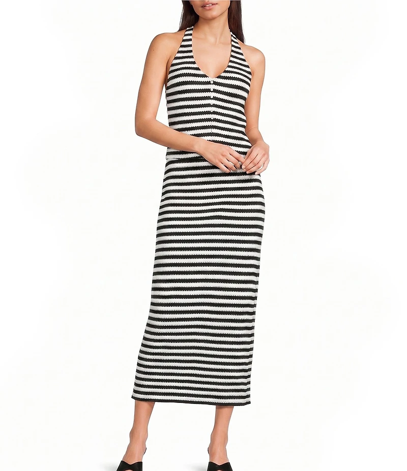 GB Striped Faux Button Front Coordinating Halter Top