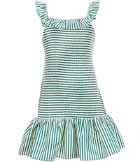 GB Big Girls Striped Square Neck Ruffle Smocked Drop Waist Dress