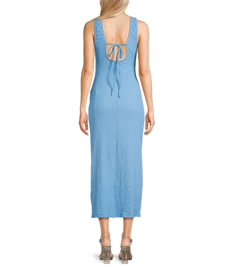 GB Textured Scoop Neck Sleeveless Pucker Tie Back Maxi Dress