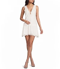 GB Tie Front V-Neck Lace Trim Mini Dress