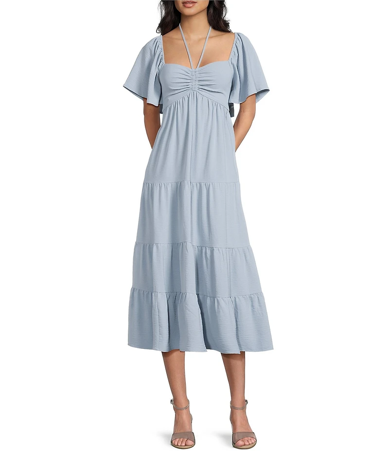 GB Tie Neck Short Sleeve Tiered Midi Dress