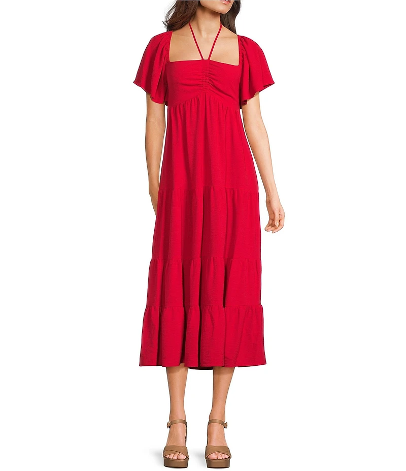 GB Tie Neck Short Sleeve Tiered Midi Dress