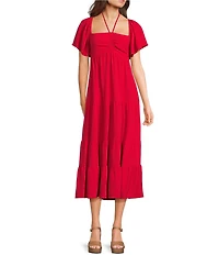 GB Tie Neck Short Sleeve Tiered Midi Dress