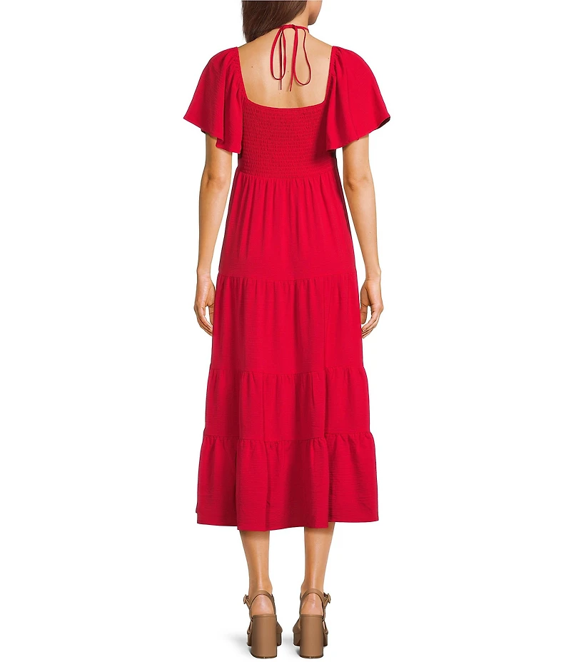 GB Tie Neck Short Sleeve Tiered Midi Dress