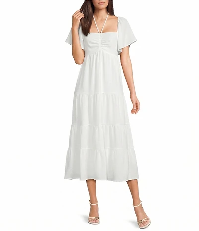 GB Tie Neck Short Sleeve Tiered Maxi Dress