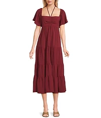 GB Tie Neck Short Sleeve Tiered Midi Dress