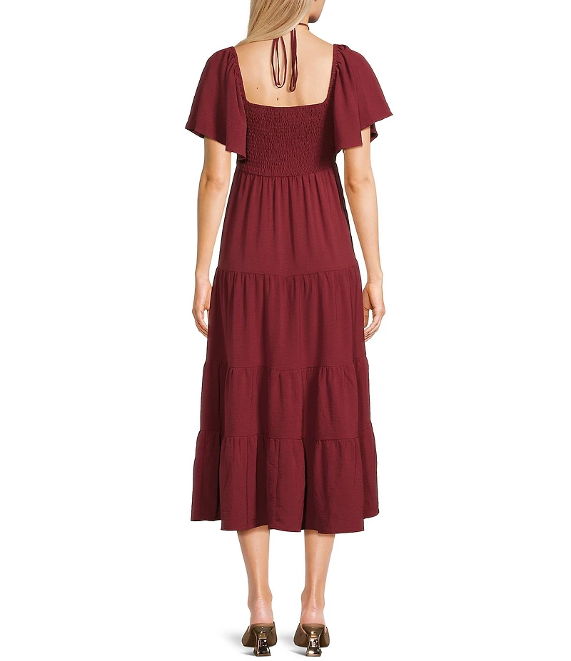 GB Tie Neck Short Sleeve Tiered Midi Dress