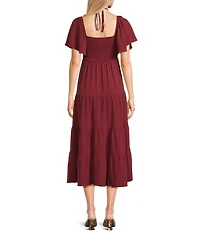 GB Tie Neck Short Sleeve Tiered Midi Dress