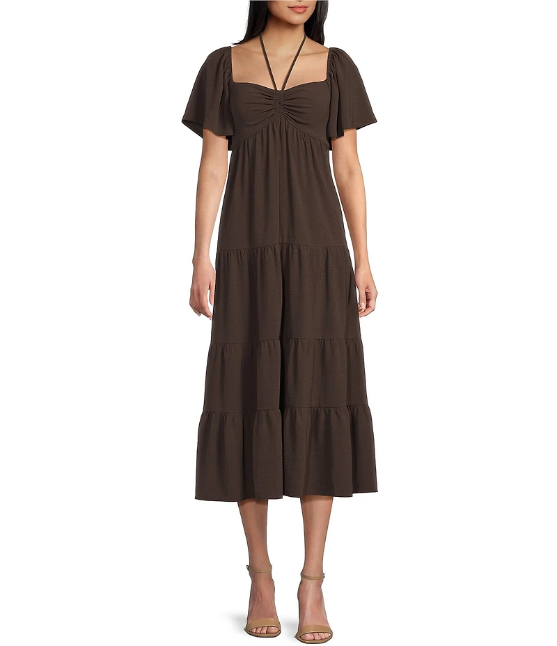 GB Tie Neck Short Sleeve Tiered Midi Dress