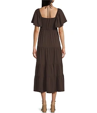 GB Tie Neck Short Sleeve Tiered Midi Dress