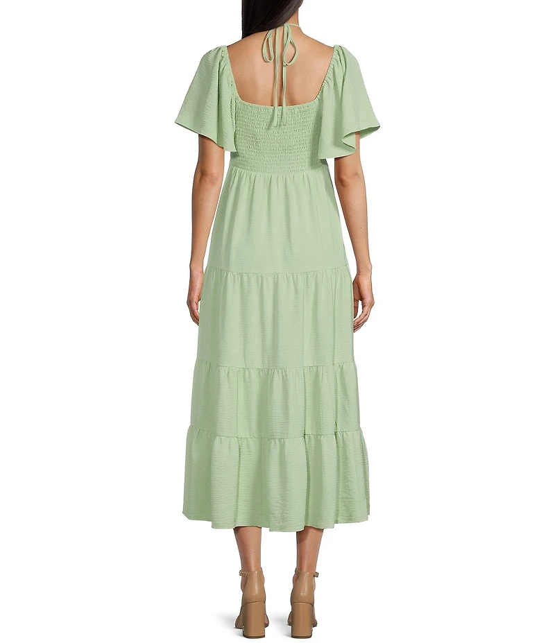 GB Tie Neck Short Sleeve Tiered Midi Dress