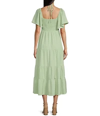 GB Tie Neck Short Sleeve Tiered Midi Dress