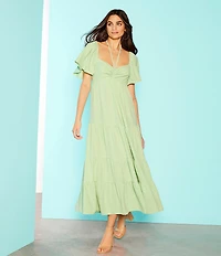 GB Tie Neck Short Sleeve Tiered Midi Dress