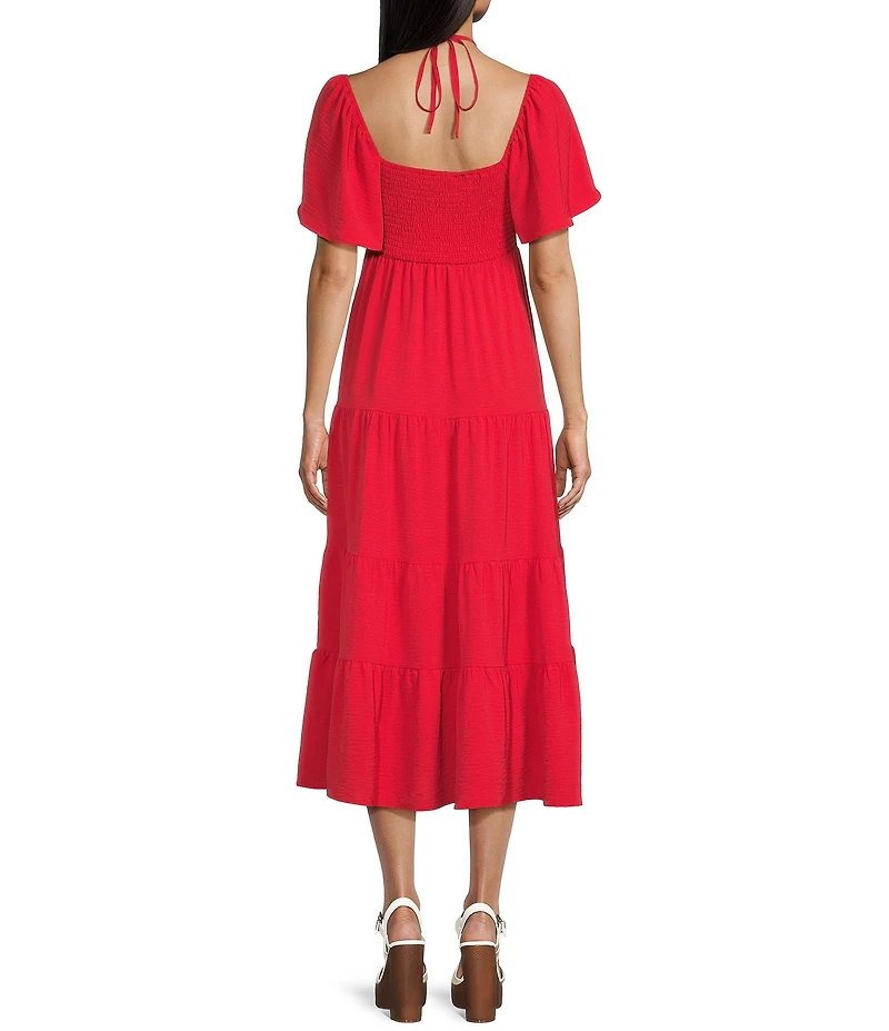 GB Tie Neck Short Sleeve Tiered Midi Dress