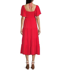 GB Tie Neck Short Sleeve Tiered Midi Dress