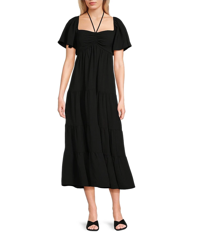 GB Tie Neck Short Sleeve Tiered Midi Dress