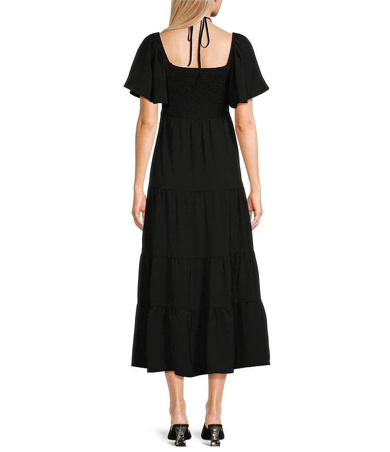 GB Tie Neck Short Sleeve Tiered Midi Dress