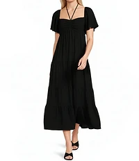 GB Tie Neck Short Sleeve Tiered Maxi Dress