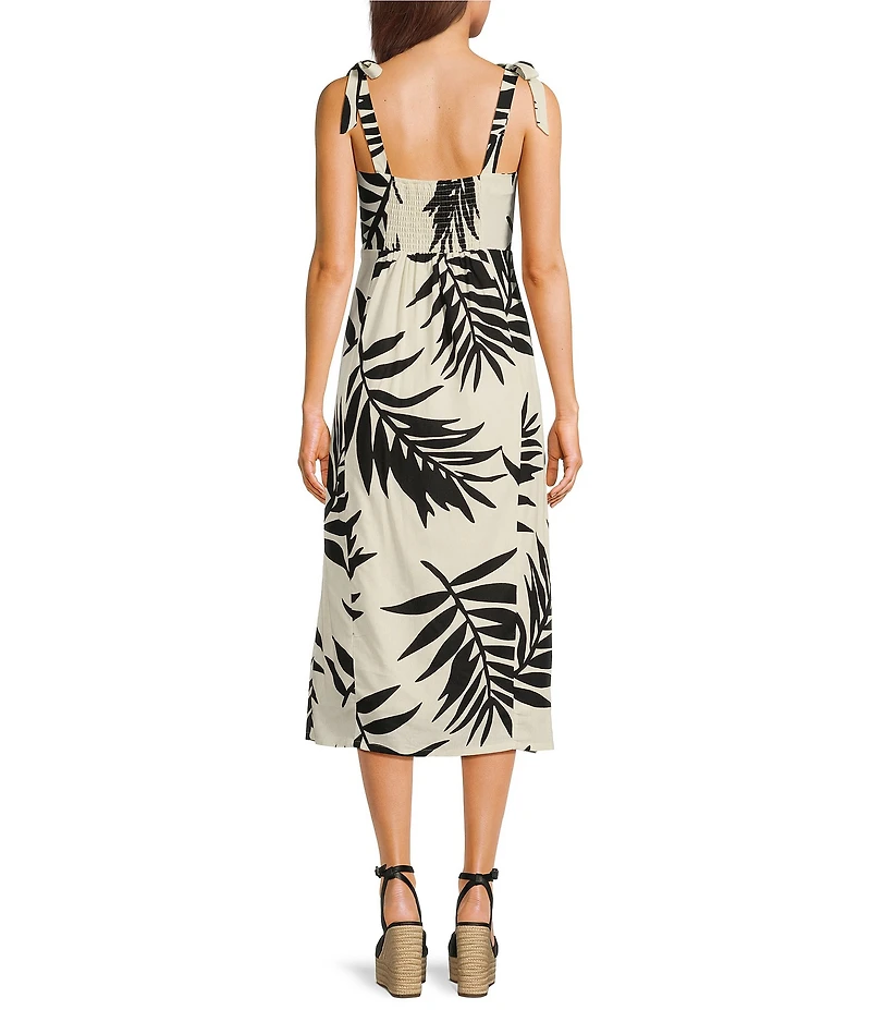 GB Tie Shoulder Tropical Palm Leaf Linen Blend Midi Dress