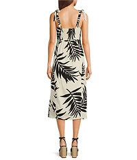 GB Tie Shoulder Tropical Palm Leaf Linen Blend Midi Dress