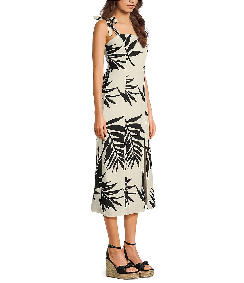 GB Tie Shoulder Tropical Palm Leaf Linen Blend Midi Dress