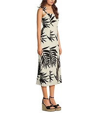 GB Tie Shoulder Tropical Palm Leaf Linen Blend Midi Dress