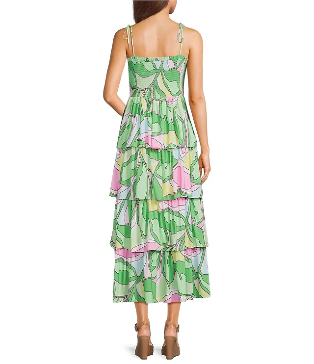 GB Tiered Ruffle Floral Challis Printed Square Neck Sleeveless Tie Shoulder  Maxi Dress at Hamilton Place in Chattanooga, TN