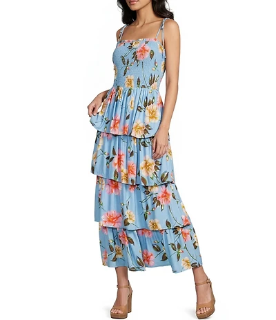 GB Tiered Ruffle Floral Printed Square Neck Sleeveless Tie Shoulder Maxi Dress
