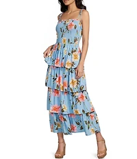 GB Tiered Ruffle Floral Printed Square Neck Sleeveless Tie Shoulder Maxi Dress