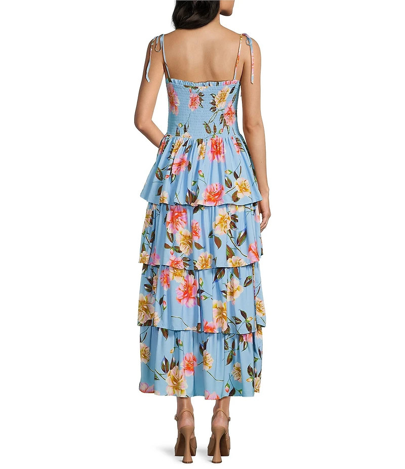 GB Tiered Ruffle Floral Printed Square Neck Sleeveless Tie Shoulder Maxi Dress