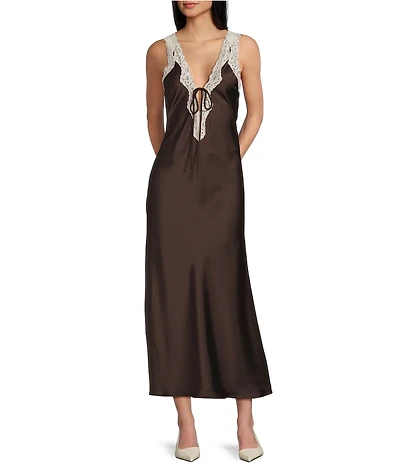 GB V-Neck Lace Slip Long Dress