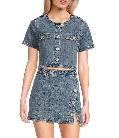 GB Woven Denim Coordinating Pearl Button Top