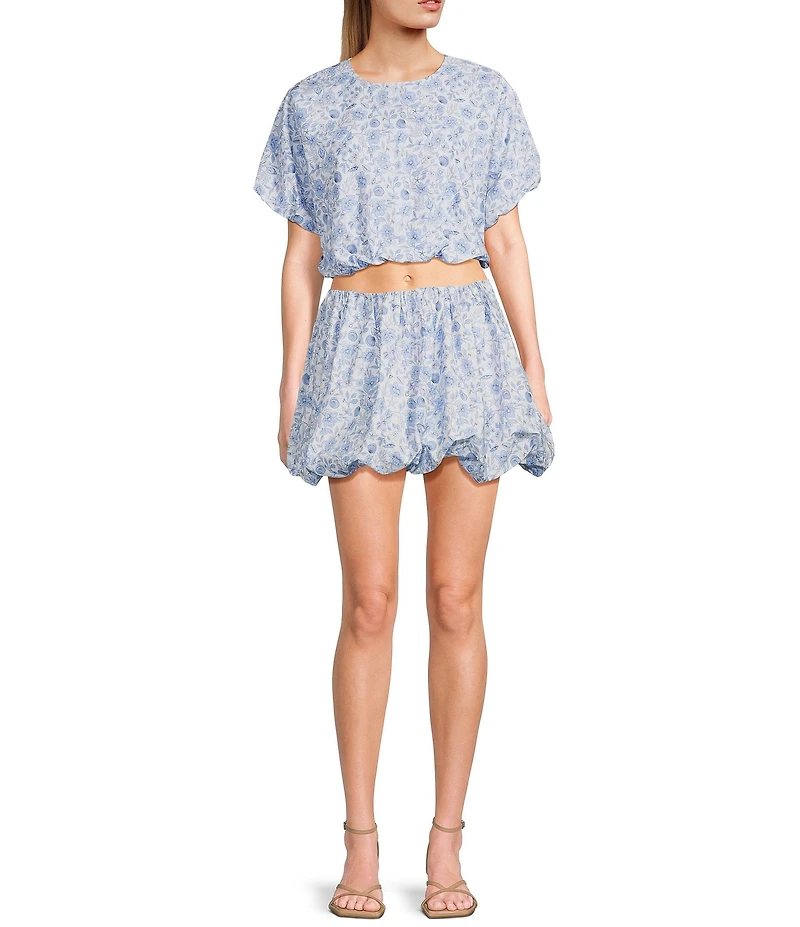 GB Woven Coordinating Poplin Floral/Seashells Puff Blouse