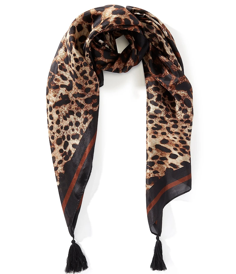 Gemma Layne Leopard Print Tassle Silk Square Scarf