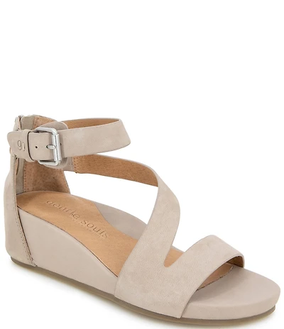 Gentle Souls Gwen Nubuck Suede Asymmetric Strap Wedge Sandals