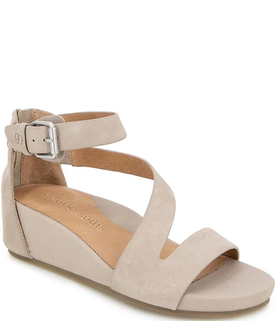 Gentle Souls Gwen Nubuck Suede Asymmetric Strap Wedge Sandals