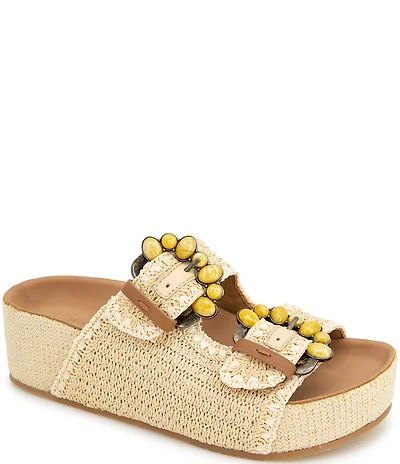 Gentle Souls Kendall Raffia Embellsihed Buckle Platform Sandals
