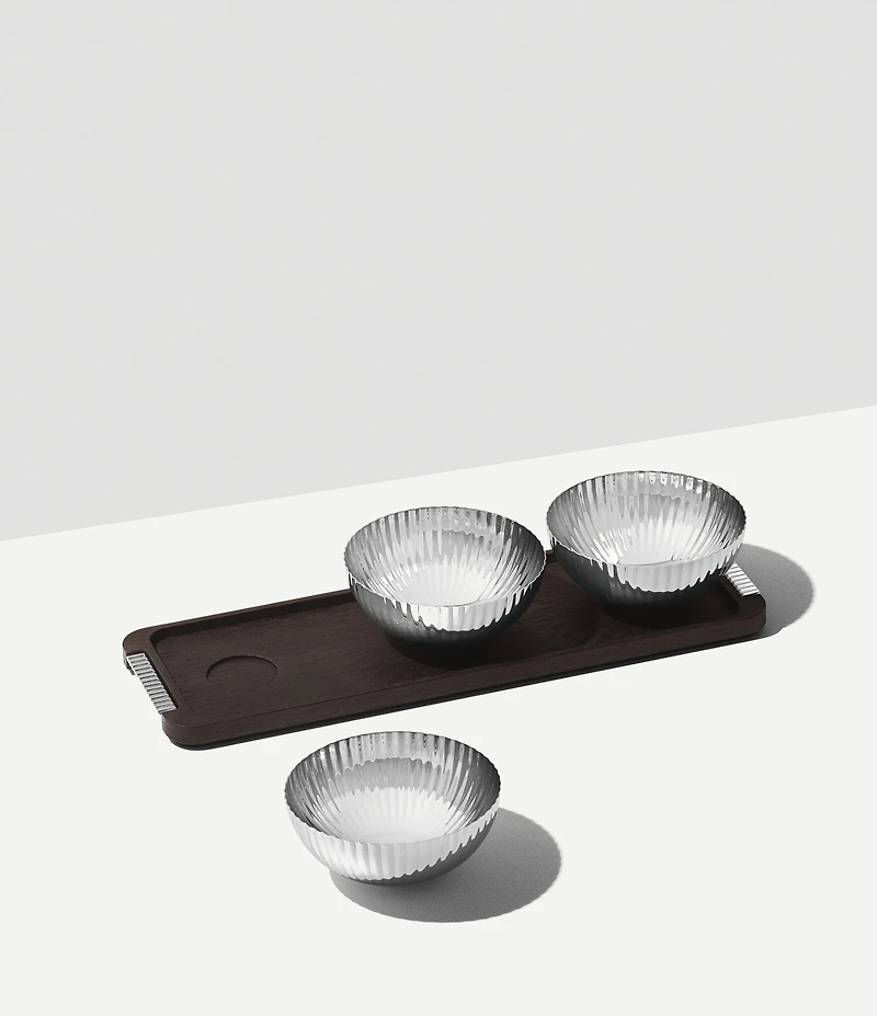 Georg Jensen Bernadotte Triple Bowl Set in Stand Wood & Stainless Steel