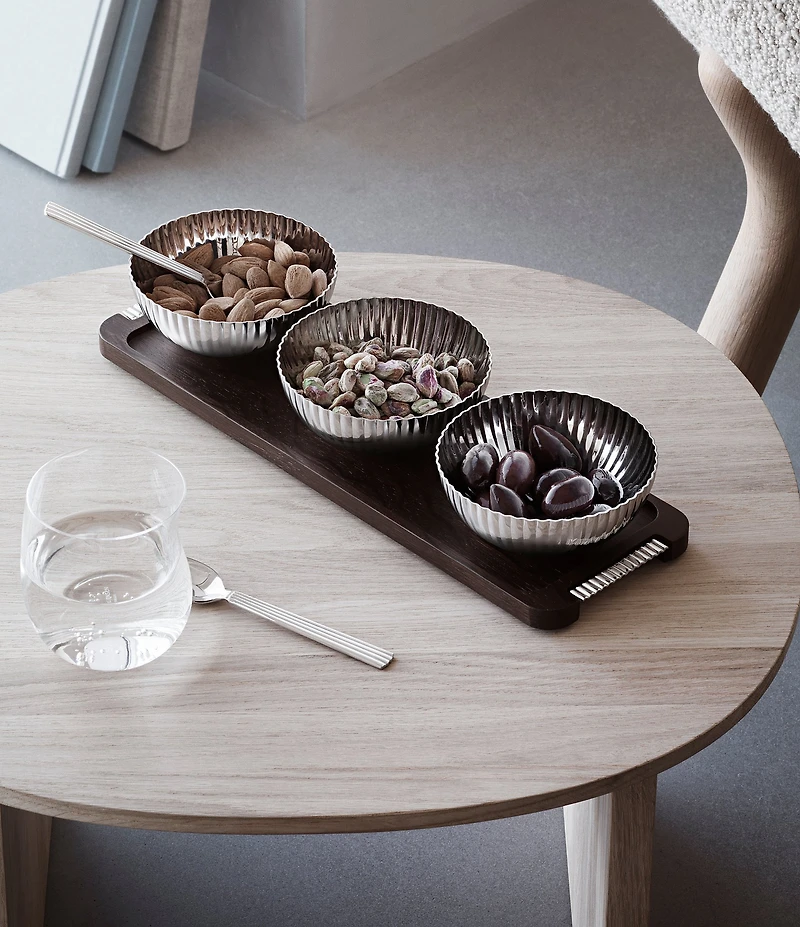 Georg Jensen Bernadotte Triple Bowl Set in Stand Wood & Stainless Steel