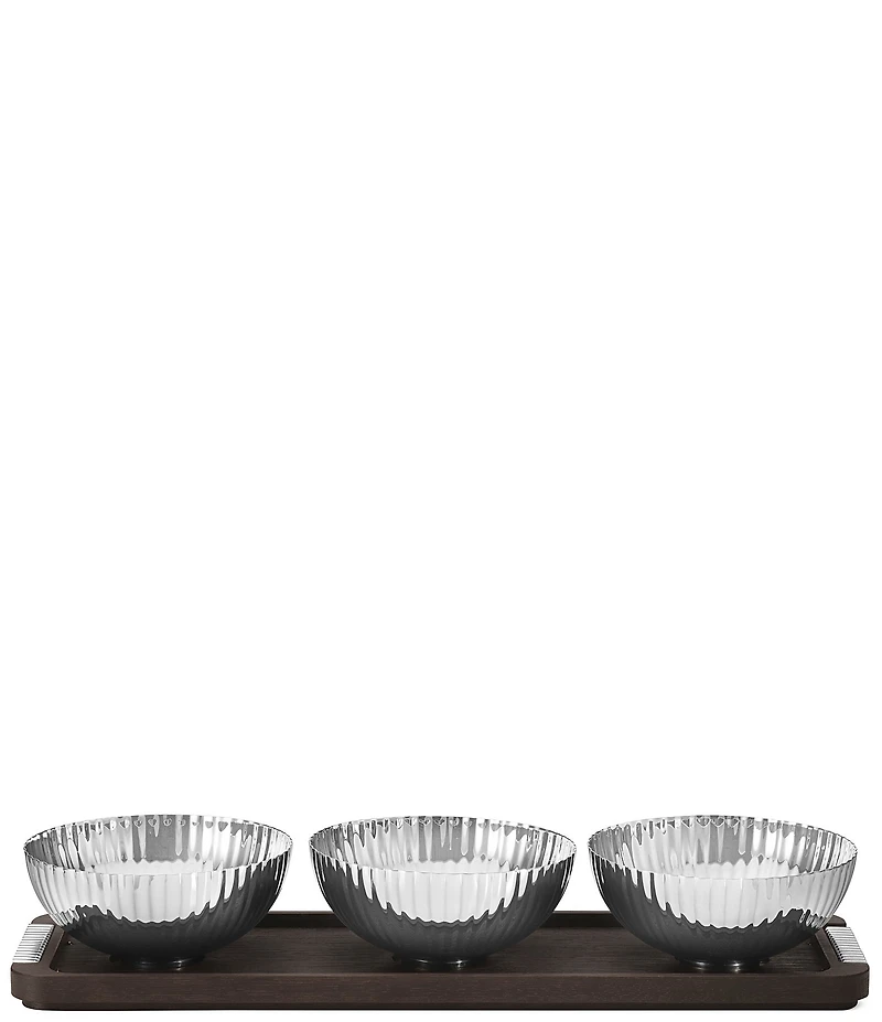 Georg Jensen Bernadotte Triple Bowl Set in Stand Wood & Stainless Steel