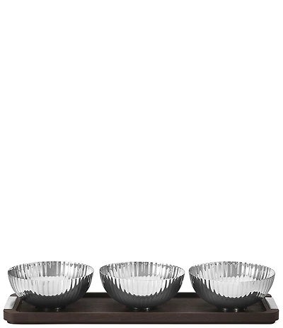 Georg Jensen Bernadotte Triple Bowl Set in Stand Wood & Stainless Steel