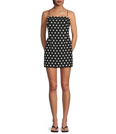 Gianni Bini Allison Polka Dot Square Neck Sleeveless Mini Linen Dress