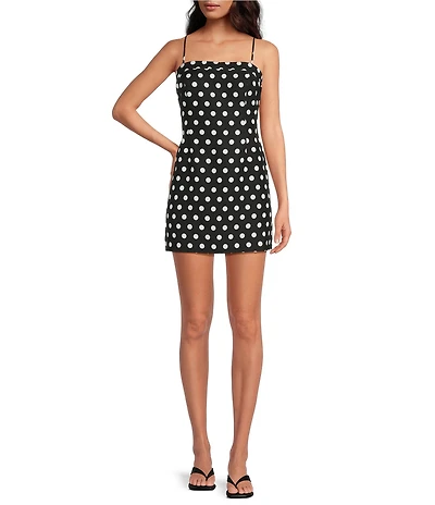Gianni Bini Allison Polka Dot Square Neck Sleeveless Mini Linen Dress