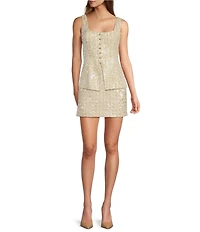 Gianni Bini Amara Sleeveless Button Front Square Neck Sequin Tweed Vest Top