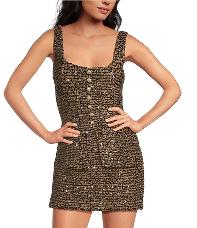 Gianni Bini Amara Sleeveless Button Front Square Neck Sequin Tweed Vest Top