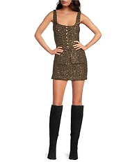 Gianni Bini Amara Sleeveless Button Front Square Neck Sequin Tweed Vest Top