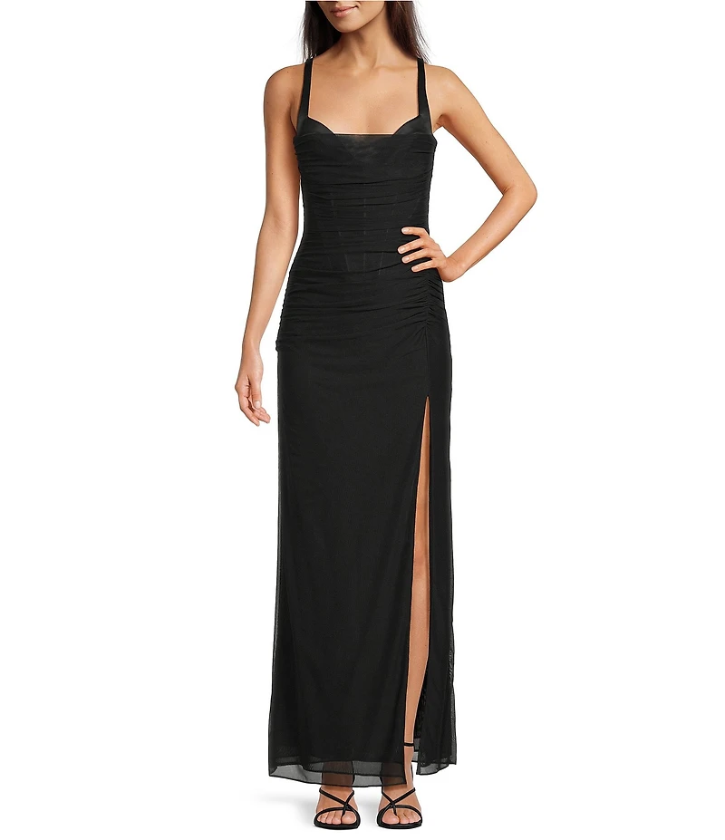 Gianni Bini Angelina Mesh Corset High Slit Sweetheart Neck Sleeveless Maxi Dress