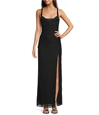Gianni Bini Angelina Mesh Corset High Slit Sweetheart Neck Sleeveless Maxi Dress